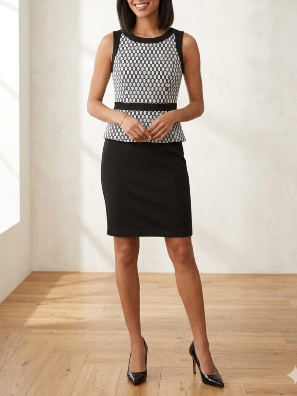 Shelby & Palmer Black & White Geometric Peplum Sheath Dress Size 8 Office Chic